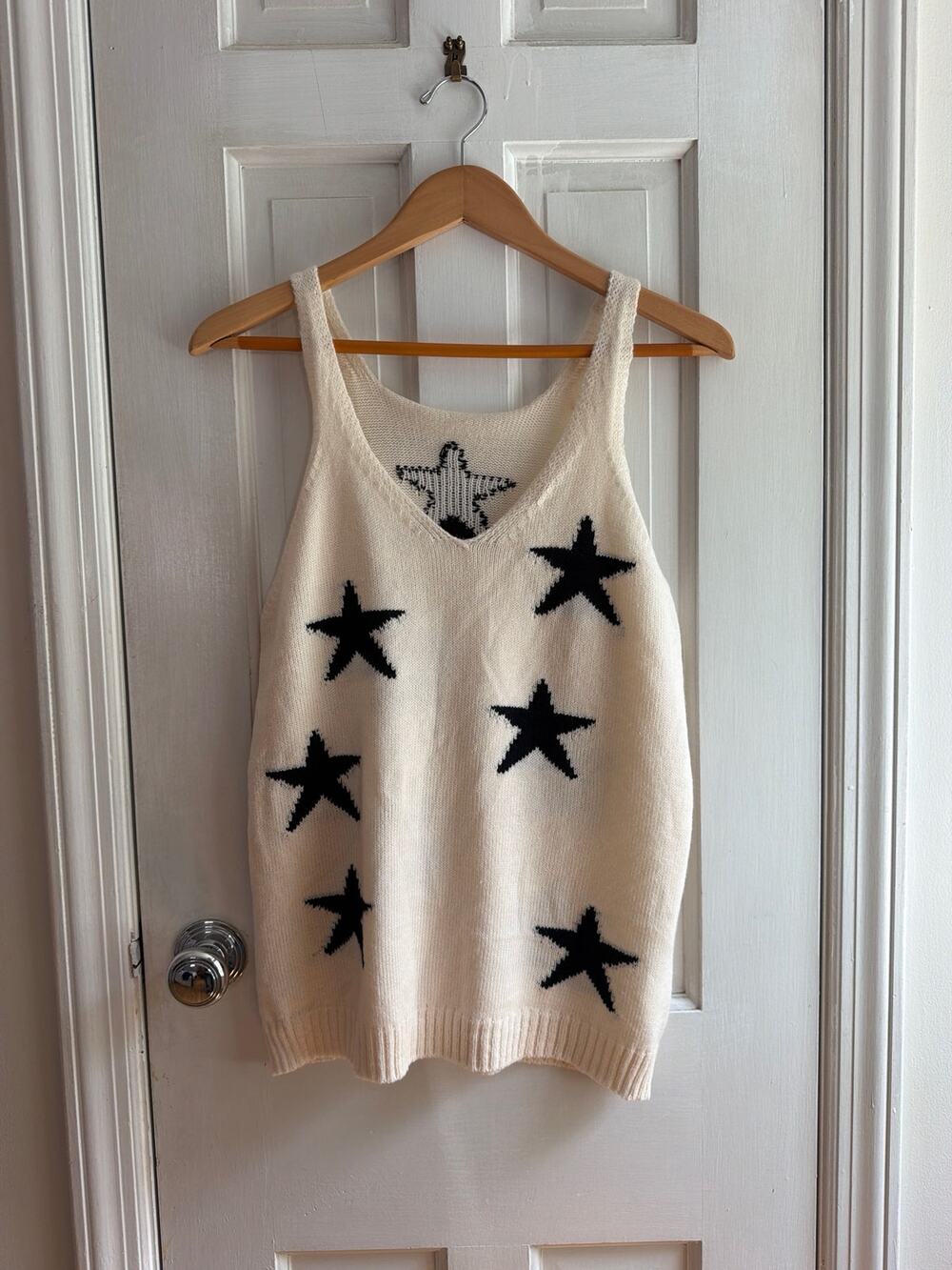 Vintage Cream Knit Star Pattern Sweater Tank Top V-Neck Sleeveless Vest Medium